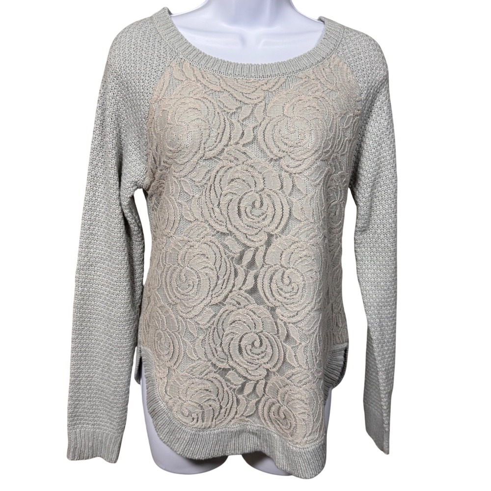 Anthopologie Cloud Chaser Rose Lace Knit Sweater‎ Delicate Floral Cozy Basic S